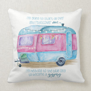 Retro Camper-Wohnwagen-blaues, rosa und weißes Kissen
