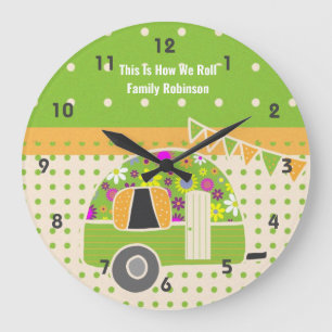 Retro-Campervan Limette Orange Shabby Chic Punkte Große Wanduhr
