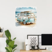 Retro Campervan mit Hippie-Blume und Surfboard Poster (Heimbüro)