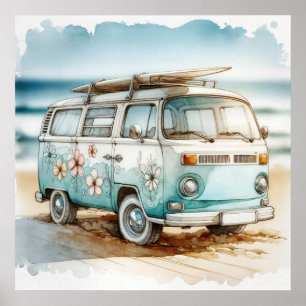 Retro Campervan mit Hippie-Blume und Surfboard Poster