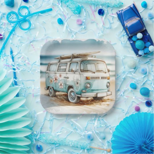 Retro-Campervan mit Surfbrett Pappteller (Party)