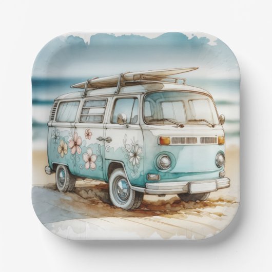 Retro-Campervan mit Surfbrett Pappteller (Vorderseite)