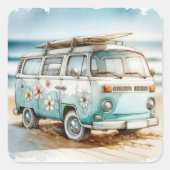 Retro-Campervan mit Surfbrett Quadratischer Aufkleber (Vorderseite)