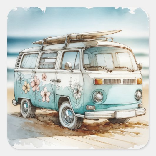 Retro-Campervan mit Surfbrett Quadratischer Aufkleber (Vorderseite)
