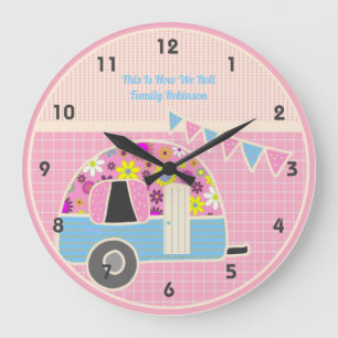 Retro-Campervan Pink Blau Hipster Shabby Chic Große Wanduhr