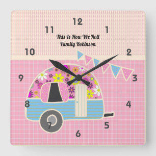 Retro-Campervan Pink Blau Hipster Shabby Chic Quadratische Wanduhr
