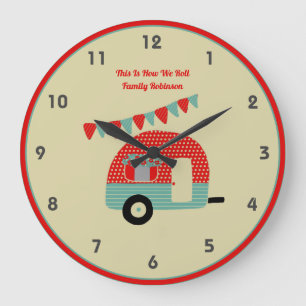 Retro Campervan Red Turquoise Shabby Chic Große Wanduhr