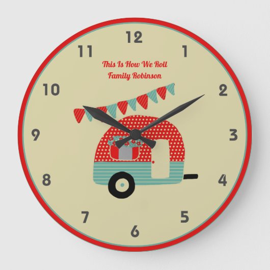 Retro Campervan Red Turquoise Shabby Chic Große Wanduhr (Vorderseite)