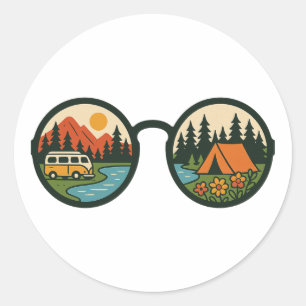 Retro-Camping-Abenteuer-Sonnenbrille Natur Runder Aufkleber