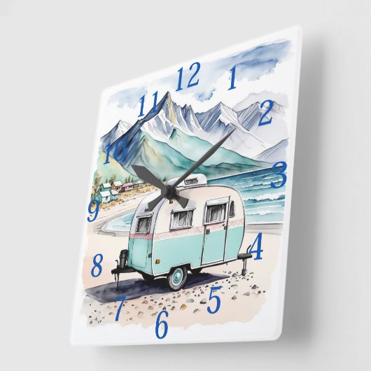 Retro Camping Caravan Beach Scene Quadratische Wanduhr (Winkel)