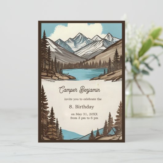 Retro-Camping-Geburtstagsjunge Einladung (Stehend Vorderseite)