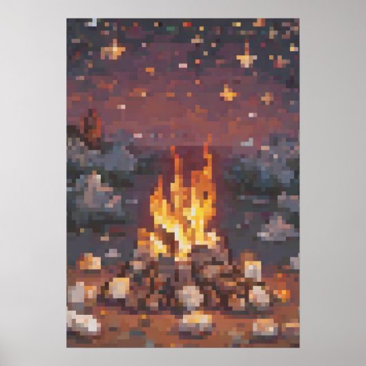 Retro Camping Pixel Art Design - Glowing Campfire  Poster (Vorne)