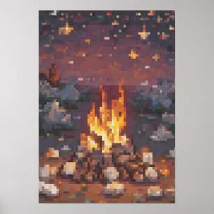 Retro-Camping-Pixel-Art-Design - Glühendes Lagerfe Poster