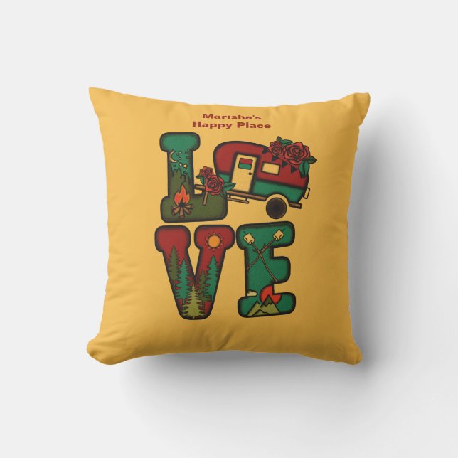 Retro Camping Theme LIEBE Camping Kissen (Vorderseite)