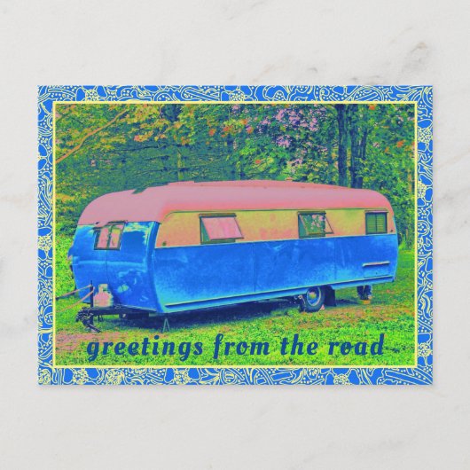 Retro-Camping-Trailer mit Vintagem Blumenrahmen Postkarte (Vorderseite)