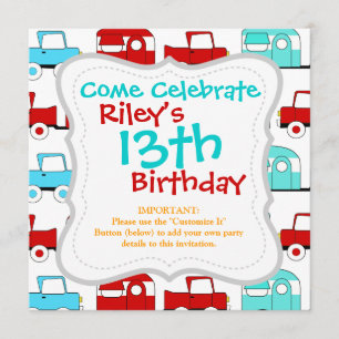 Retro Camping Trailer Türkis Red Vintage Cars Einladung