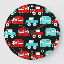 Retro Camping Trailer Türkis Red Vintage Cars Große Wanduhr