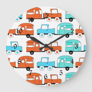 Retro Camping Trailer Turquoise Orange Vintage Car Große Wanduhr
