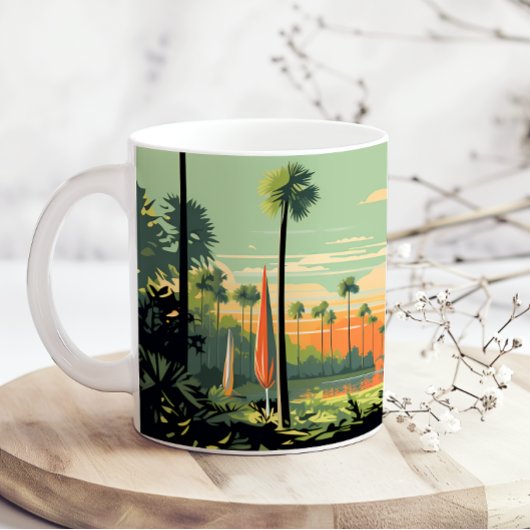 Retro-Camping-Wald-Sonnenuntergang Kaffeetasse