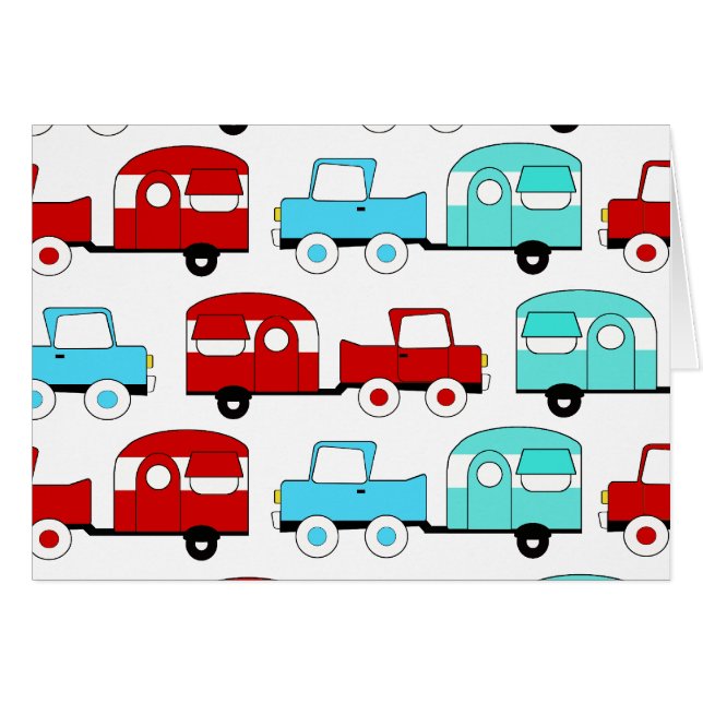 Retro Campings-Anhänger-Türkis-rote Vintage Autos (Vorderseite (Horizontal))
