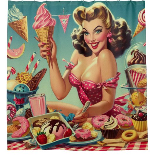 Retro Candy Button Up Duschvorhang (Vorderseite)