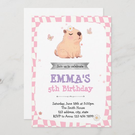 Retro Capybara Einladung zum Geburtstag (Vorne/Hinten)