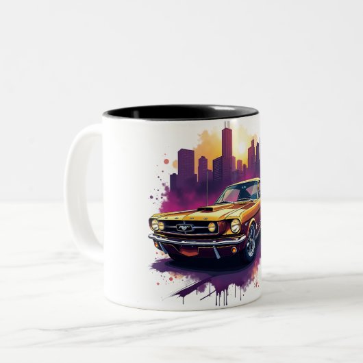 Retro Car and Cityscape Art Zweifarbige Tasse (Vorderseite Links)