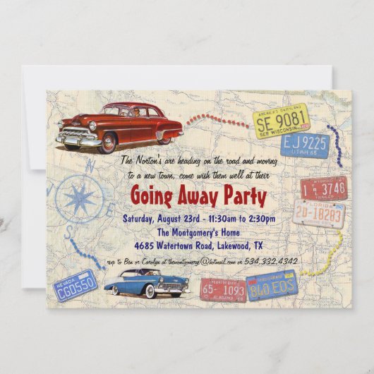 Retro Car Away Away Party Einladung - Neue Zuhause (Vorderseite)