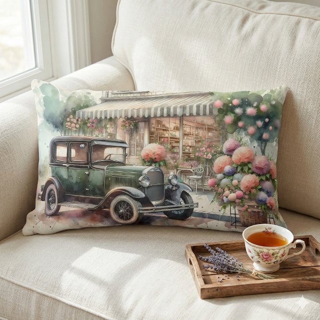 Retro Car & Blooming Boutique Scene Lendenkissen (Retro Car & Blooming Boutique Scene Lumbar Pillow Mockup A)