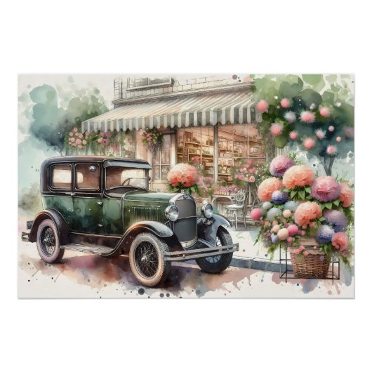 Retro Car & Blooming Boutique Scene Poster (Vorderseite)
