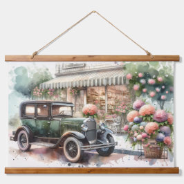 Retro Car & Blooming Boutique Scene Wandteppich Mit Holzrahmen