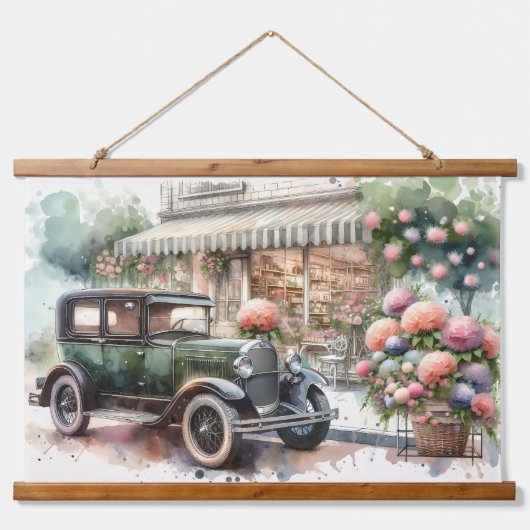 Retro Car & Blooming Boutique Scene Wandteppich Mit Holzrahmen (Vorne)