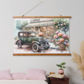 Retro Car & Blooming Boutique Scene Wandteppich Mit Holzrahmen (Schlafzimmer)