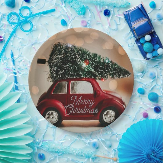 Retro Car Carrying Christmas Tree Paper Plates Pappteller (Party)