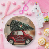 Retro Car Carrying Christmas Tree Paper Plates Pappteller (Party)