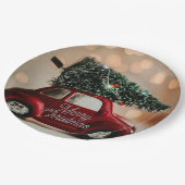 Retro Car Carrying Christmas Tree Paper Plates Pappteller (Schrägansicht)