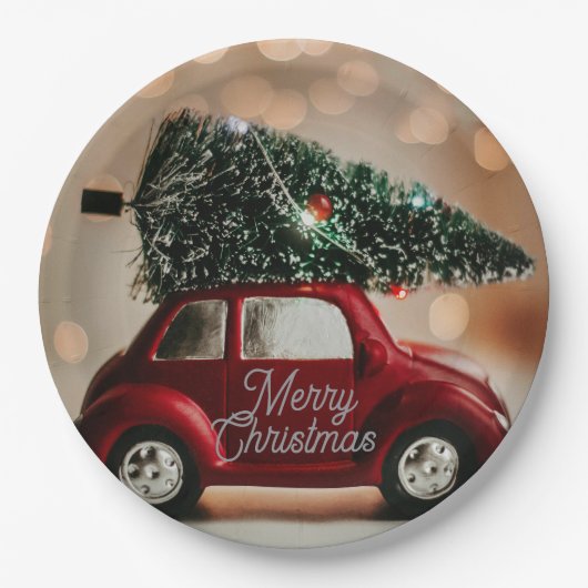 Retro Car Carrying Christmas Tree Paper Plates Pappteller (Vorderseite)