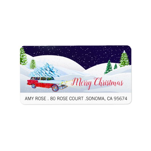 Retro Car frohe Weihnachten im Schnee Adressaufkleber (Vorne)