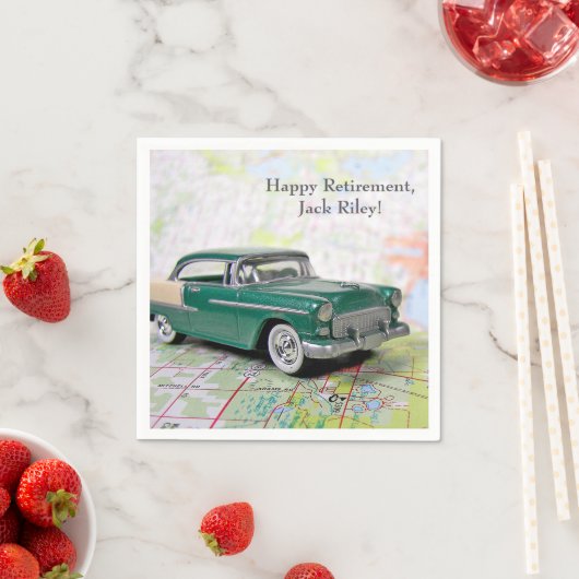 retro car on road map for Retirement Serviette (Beispiel)