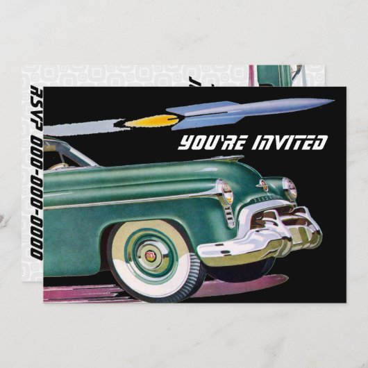 Retro Car & Rocket Geburtstag Einladung (Vorne/Hinten)
