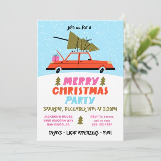 Retro Car und Baum Weihnachtsfest Party Einladung (Stehend Vorderseite)
