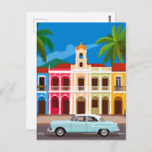 Retro Car und farbenfrohe koloniale Häuser Reisen Postkarte (Vorne/Hinten)