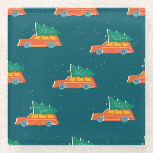 Retro Car Weihnachtsbaum Muster Glasuntersetzer (Vorderseite)
