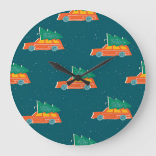 Retro Car Weihnachtsbaum Muster Große Wanduhr
