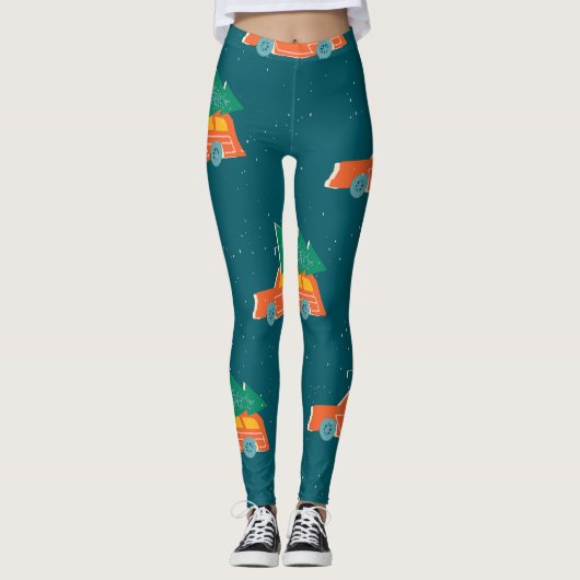Retro Car Weihnachtsbaum Muster Leggings (Vorderseite)