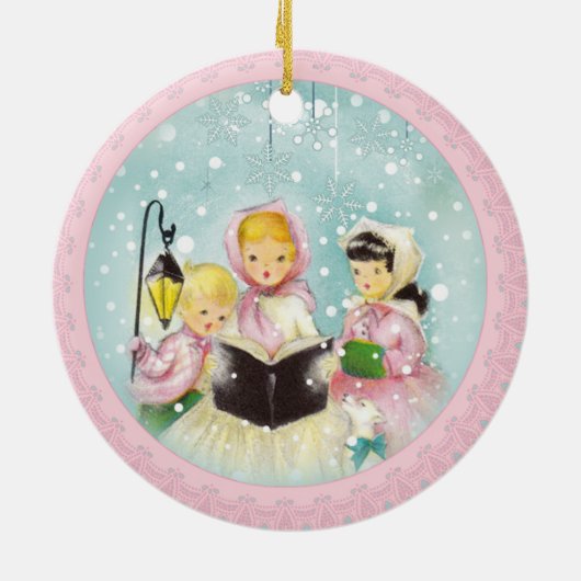 Retro Carolers Weihnachtsfeiertag Keramikornament (Hinten)