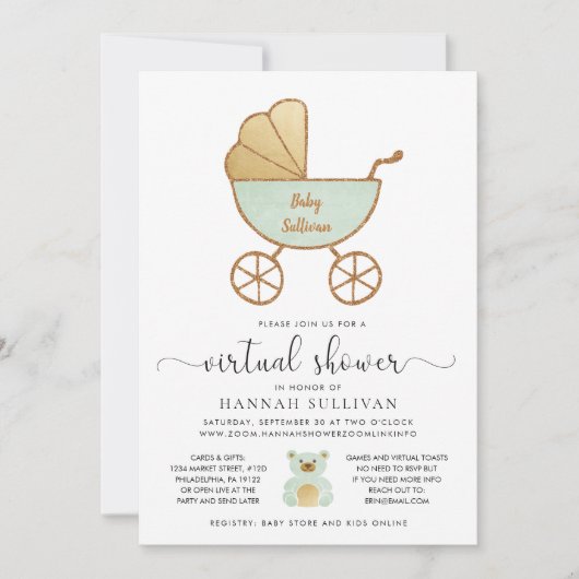 Retro Carriage Mint Gold Virtual Baby Dusche Einladung (Vorderseite)