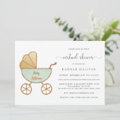 Retro Carriage Watercolor Minze Virtual Baby Dusch Einladung (Stehend Vorderseite)