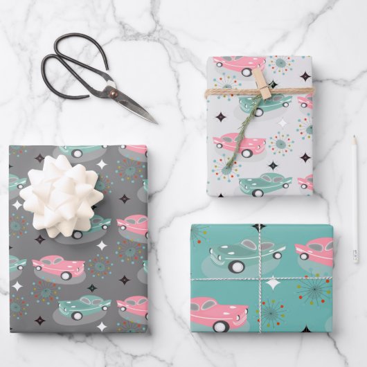 Retro Cars Atomare Sternexplosion Modernes Mittelz Geschenkpapier Set (Vorderseite)