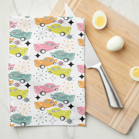 Retro Cars Atomic Sternexplosion Moderne Mitte Jah Geschirrtuch (Viertel Falte)